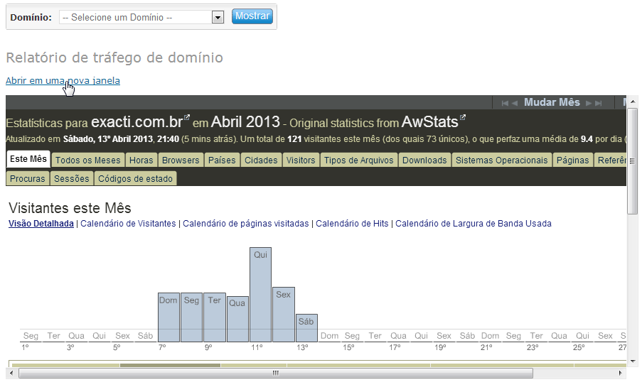 Relatrio sendo exibido num frame na pgina do painel de controle da hospedagem com a opo de abrir o mesmo em uma nova janela ou guia.