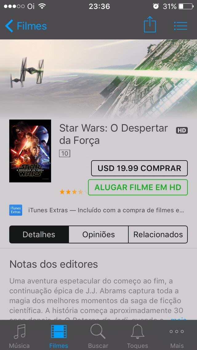 iTunes Store para confirmar o aluguel de Start Wars ep VII em HD