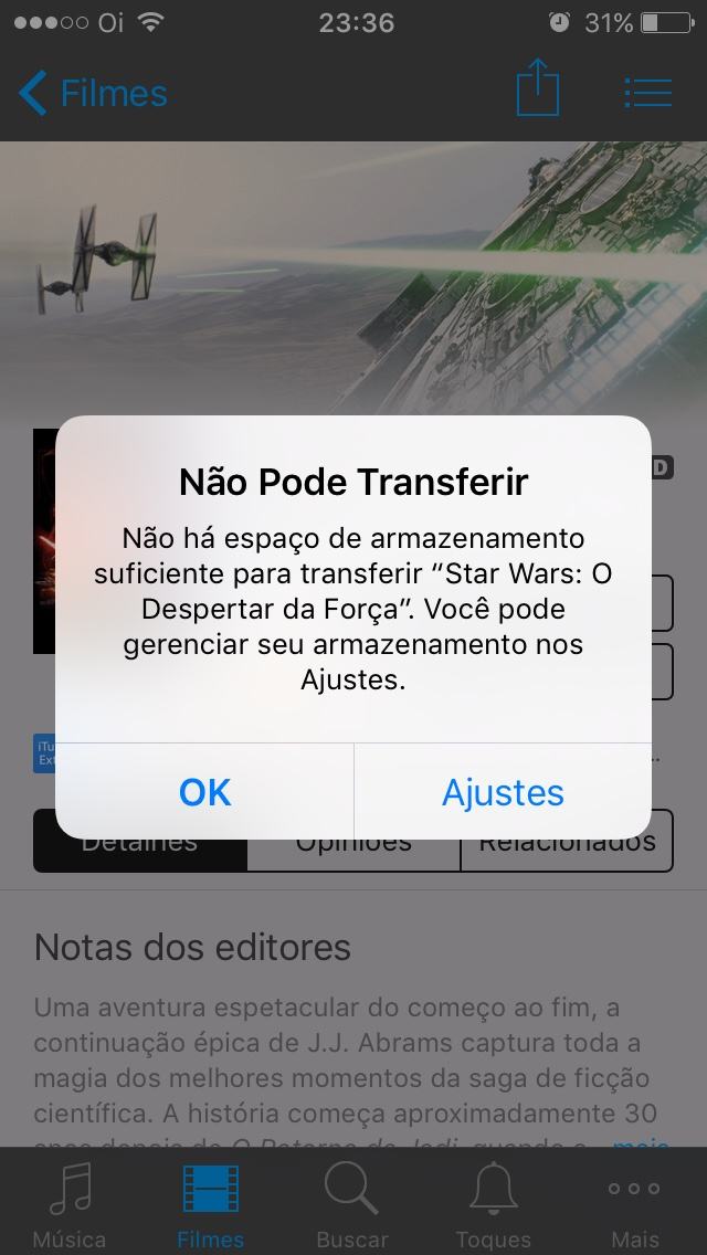 Tela informando a falta de espao de armazenamento