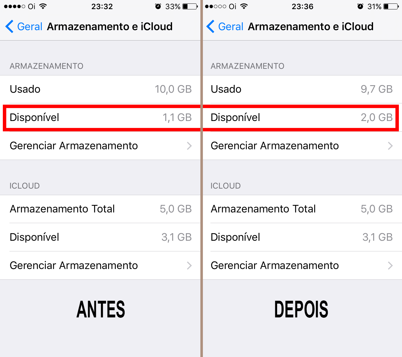 Comparativo do antes e depois do procedimento no iOS 9.3.1