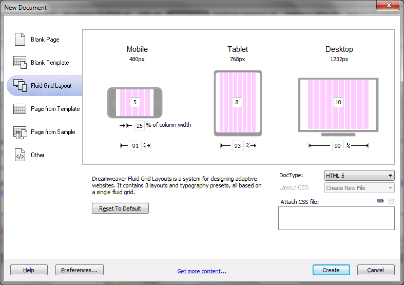 Caixa de dilogo do Dreamweaver CS6 para criao de layout fluid grid